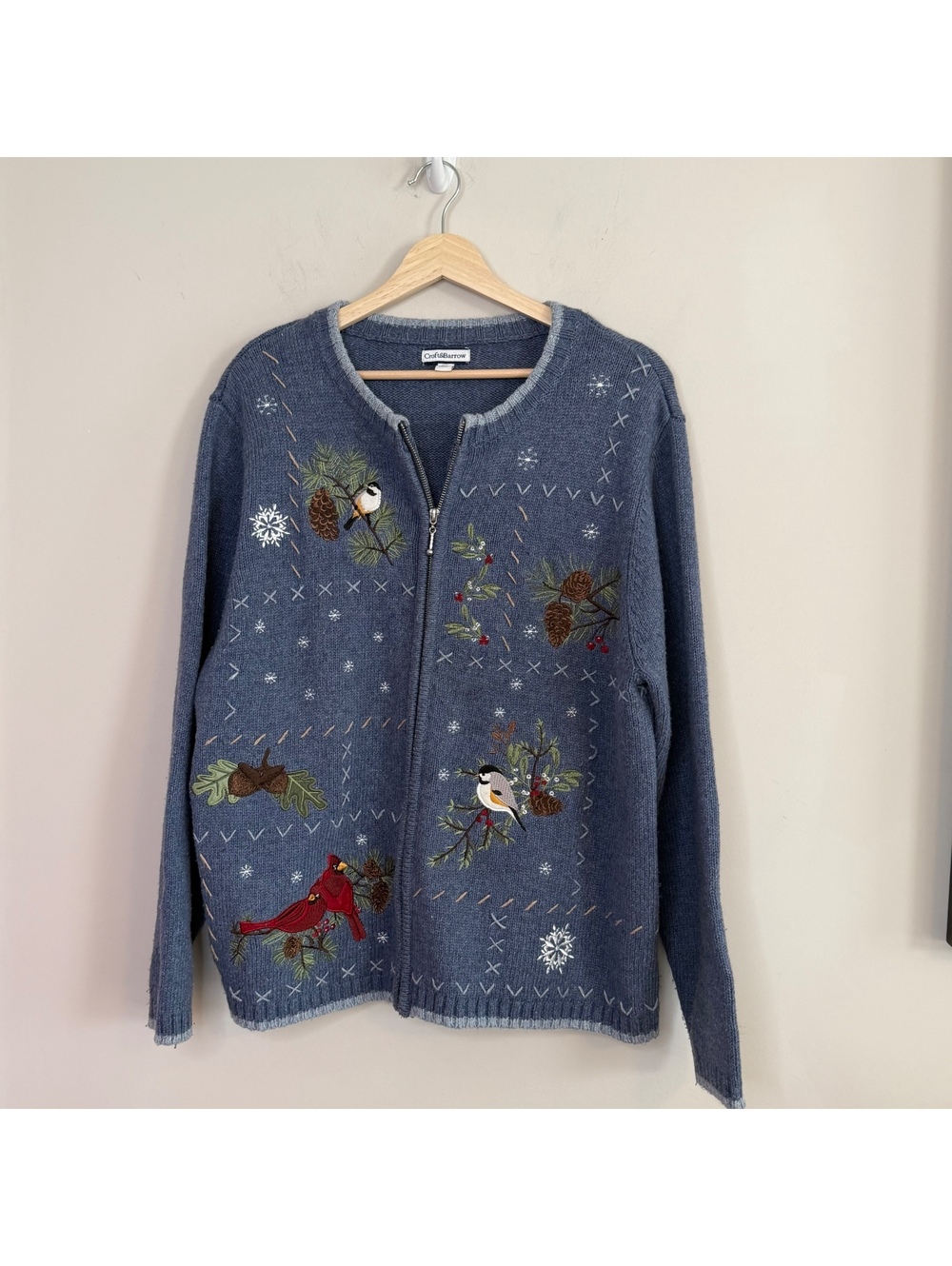 Croft & Barrow Blue Embroidered Nature Bird Pinecone Winter Christmas Cardigan